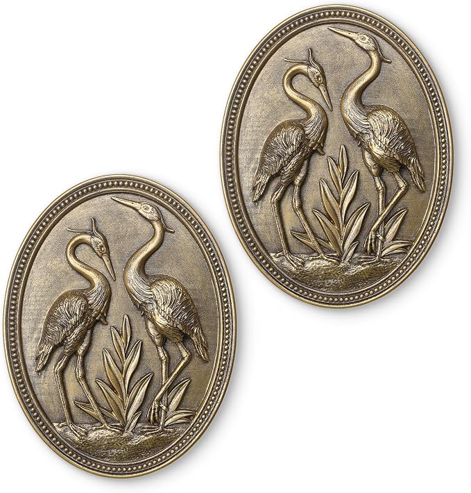 Vintage Crane Wall Sculpture 2 Pack, Crane Wall Art, Antique Wall Decor, Hand Painted Wall Decoration with Embossed Couple Bird Design, Gold Wall Decor for Living Room Bedroom Dining Room,Housewarming Gift(Gold Cranes)
