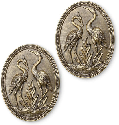 Vintage Crane Wall Sculpture 2 Pack, Crane Wall Art, Antique Wall Decor, Hand Painted Wall Decoration with Embossed Couple Bird Design, Gold Wall Decor for Living Room Bedroom Dining Room,Housewarming Gift(Gold Cranes)