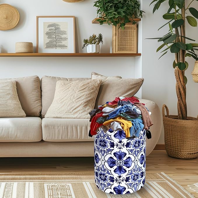 Blue and White Mexican Tile Laundry Basket Oxford Cloth Foldable Boho Laundry Hamper With Handle Portable Clothes Storage Organizer Basket 18.9x16.5 Inch Laundry Bag For Laundry Room/Bedroom/Bathroom
