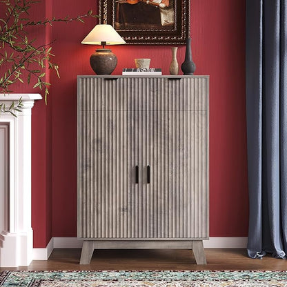 Fluted Shoe Cabinet, 4-Tier Mid Century Modern Narrow Shoe Storage Cabinet with Doors & 2 Drawers, Adjustable Shelves, Freestanding Hidden Shoe Rack Organizer & Wooden Legs for Entryway