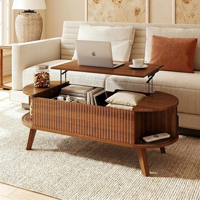 Oval Lift Top Coffee Table with Storage, 47.2" Mid Century Modern Fluted Coffee Table with Sliding Tambour Doors & Hidden Compartment, for Living Room Home Office, Walnut