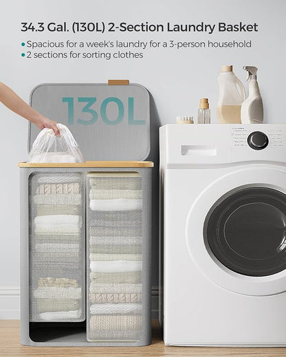 SONGMICS Laundry Hamper with Lid, 2-Section Large Laundry Basket, 34.3-gallon (130L), Removable Mesh Liner, Bamboo Handles, Collapsible, 20.5 x 15.2 x 27.8 Inches, Dove Gray ULCB513G01