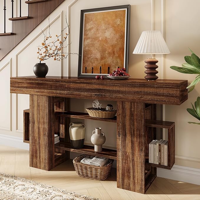 63 Inch Long Console Table for Entryway, Farmhouse Wooden Sofa Table Behind Couch with 3-Tier Storage Shelf, Narrow Entry Accent Table for Living Room, Hallway, Foyer, Vintage Brown