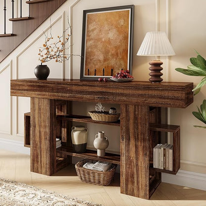 63 Inch Long Console Table for Entryway, Farmhouse Wooden Sofa Table Behind Couch with 3-Tier Storage Shelf, Narrow Entry Accent Table for Living Room, Hallway, Foyer, Vintage Brown