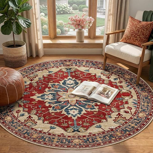 RELEANY Area Rugs Round 4ft Washable Non-Slip, Floral Vintage Distress Medallion Carpet for Living Room Bedroom Dining Room, Red Blue