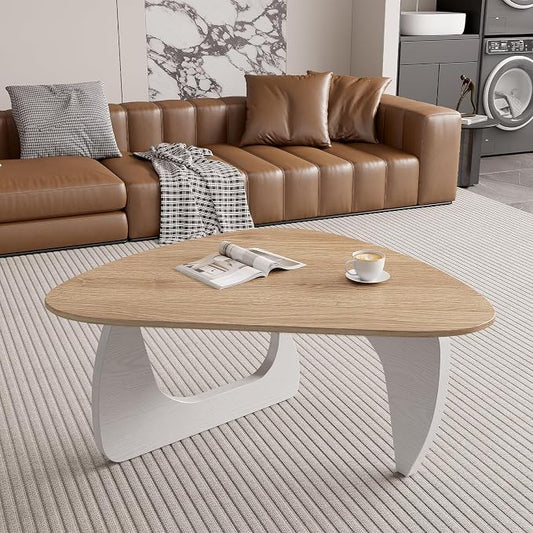 Modern Wood Coffee Table, Triangle Center Table with Premium Wooden Top& Unique Base, 35.5” Small Mid Century Tea Tables for Living Room, Apartment, Office,Natural Wood &White