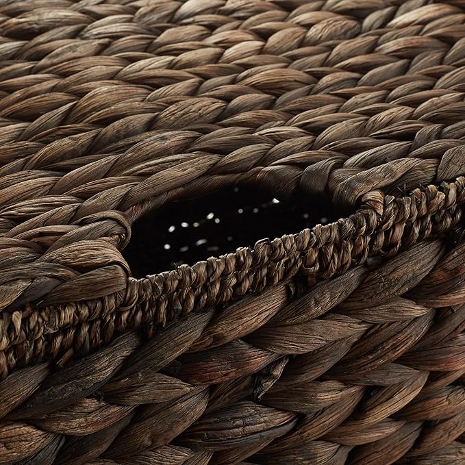 Casafield Set of 2 Water Hyacinth Rectangular Storage Baskets with Lids (Espresso - Medium/Large) for Bedroom, Bathroom, Laundry, Home Office
