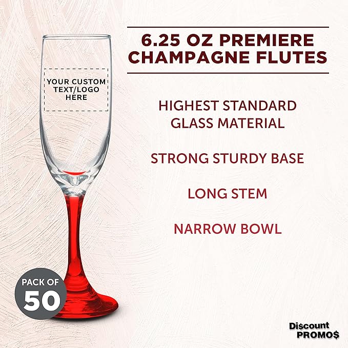 DISCOUNT PROMOS Custom Premiere Champagne Flutes 6.25 oz. Set of 50, Personalized Bulk Pack - Elegant Drinkware for Weddings, Events, & Promotional Gifts - Red