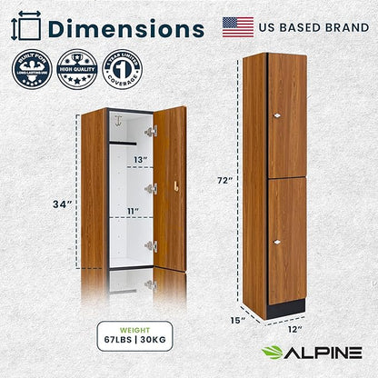 Alpine 2 Door Wooden Locker Cabinet - 72" Expandable Commercial Storage Lockers for Gym, Spa, Office & Golf Club - Includes Metal Base & Lock-Ready Handle, Single Column 2 Tier - Oak