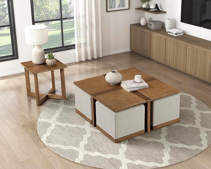 Lexicon 44" Square Coffee Table with 4 Upholstered Stools, Maple Veneer Wood Cocktail Table, Gray Upholstered Stools with Casters, Modern Living Room/Apartment Centerpiece, Full Assembled, Brown