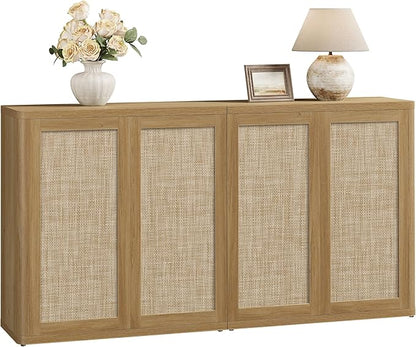 SICOTAS 64" Rattan Modular Buffet Sideboard Storage Cabinet - Large Credenza Console Table with Adjustable Shelves, Farmhouse Boho Coffee Bar Cabinet Stand for Living Room, Hallway, Dining Room