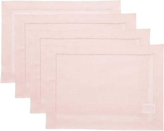 Solino Home Linen Placemats Set of 4 - Classic Hemstitch Pink Placemats 14 x 19 Inch - 100% Pure Linen Table Mats for Valentines, Spring, Easter