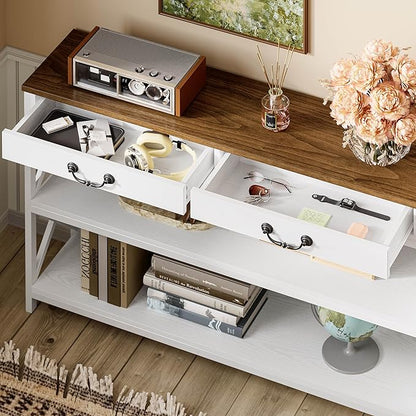 IRONCK Farmhouse Console Table, Sofa Table with Drawer, Narrow Long Entry Table with 2 Shelf for Entryway, Living Room, Hallway, White/Walnut