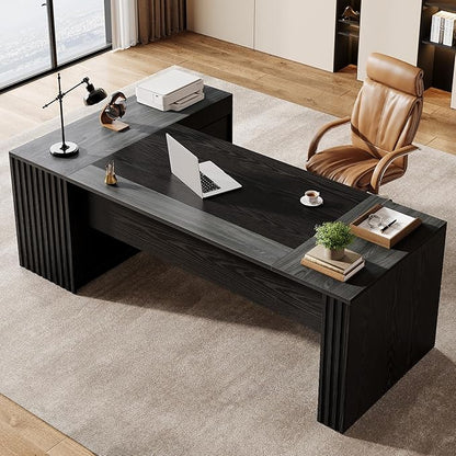 Tribesigns 78" L Shaped Executive Desk with Drawers, Large Office Computer Desk with Cabinet and Storage Shelves, Modern Business Furniture Sets Workstation for Home Office (Grey/Black)