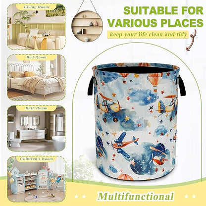 Airplane Laundry Basket Hot Air Balloon Clouds Foldable Waterproof Oxford Cloth Funny Tote Bag Laundry Hamper Clothes Storage Bucket Toy Organizer For Bathroom/Laundry Storage/Bedroom 18.9x16.5 Inch