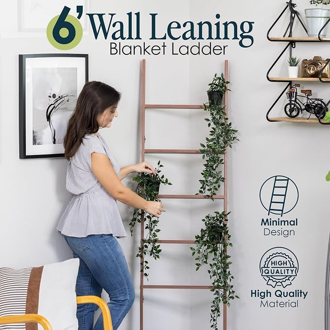 Blanket Ladder for Living Room and Bedroom, 5ft 8 inch, 6-Tier Wall Leaning Laminate No-Snag Construction (Brown) Rustic Decorative Farmhouse Blanket Storage, Quilt Rack, Ladder Shelf, Easy Assembly