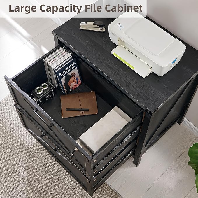 JXQTLINGMU 2 Drawer Nightstand, 31" Wood Lateral Filing Cabinet with Lock for Home Office, Compatible Legal Letter/A4/F4,Sturdy and Solid Storage Furniture,Black