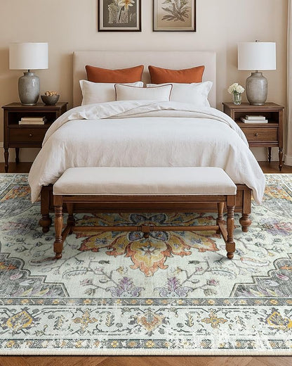 RELEANY Area Rugs Large 9'x12' Washable Non-Slip, Floral Vintage Distress Medallion Carpet for Living Room Bedroom Dining Room, Beige Carbon Grey Orange