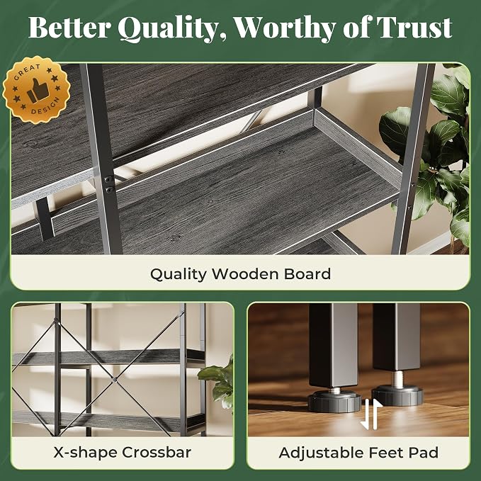 Huuger 5 Tier Bookshelf, Display Bookshelf with 10 Open Shelves and Raised Baffle, 47.2 Inch Straight Wide Bookcase with Metal Frame and Wooden Board, Adjustable Feet, Grey