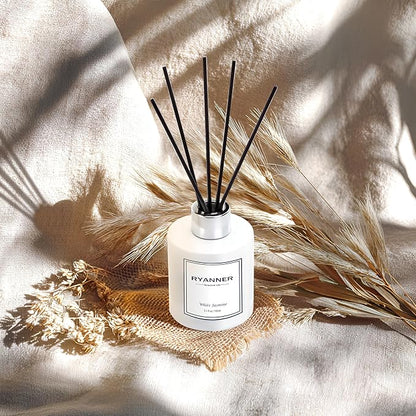 Ryanner Flower Reed Diffuser Set,5.1 fl oz White Jasmine Scent Diffuser with Sticks Home Fragrance Reed Diffuser with Essential Oil for Bathroom Shelf Decor&Air Freshener,Home Bathroom Office Decor