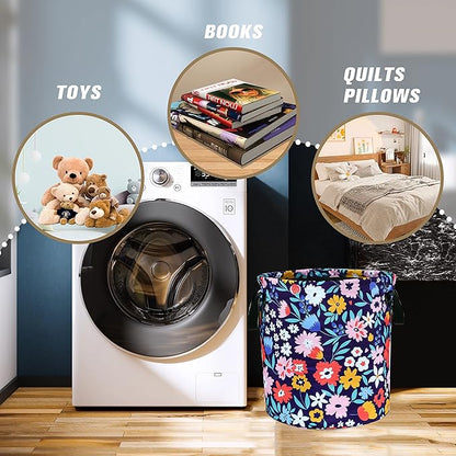 Folk Floral Art Laundry Basket Beautiful Flowers Foldable Oxford Cloth Funny Tote Bag Laundry Hamper Clothes Storage Bucket Organizer For Bathroom/Laundry Storage/Bedroom 17.7x13.7 Inch