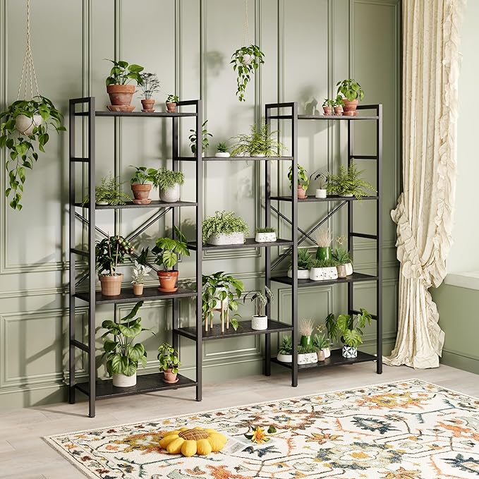 GRUSIGN Triple 4 Tier Book Shelf, Modern Bookcase Shelf, Freestanding Large Display Shelves for Living Room/Office/Garage, Stable Large Bookshelf with Storage for Books/Lego/Plants, Black