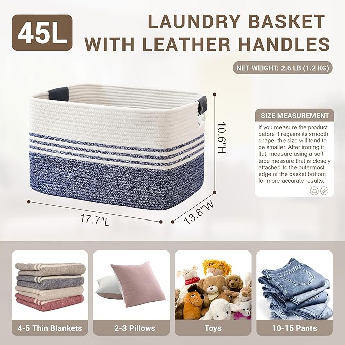 SunNewt 45L Small Laundry Basket with Leather Handles for Living Room Storage, Woven Rope Baskets Bin for Blanket, Kids Toy, Gifts, Wicker Hamper for Bedroom Dirty Clothes, 18"x14"x11" Denim Blue