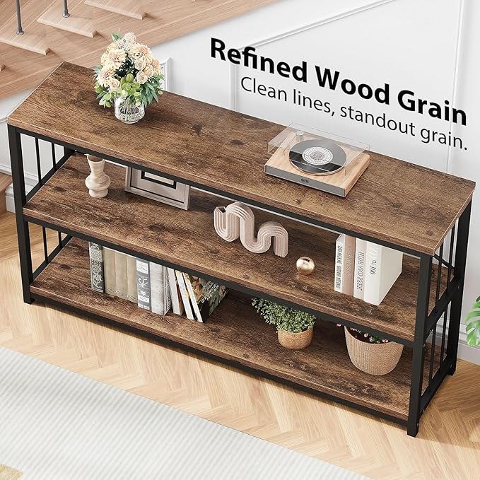 LVB Rustic 3 Tier Entryway Table, Industrial Long Wood Sofa Table Behind Couch,Farmhouse Narrow Console Table with Storage Shelf, Modern Hallway Entry Table for Foyer Living Room, Rustic Brown, 63