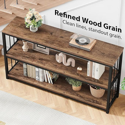 LVB Rustic 3 Tier Entryway Table, Industrial Long Wood Sofa Table Behind Couch,Farmhouse Narrow Console Table with Storage Shelf, Modern Hallway Entry Table for Foyer Living Room, Rustic Brown, 63