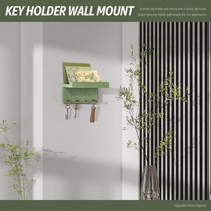 Rebee Vision Pine Wood Key Holder Wall Mount - Farmhouse Small Key Holder for Wall with 4 Hooks to Hang Watch or Tie - Rustic Home Decor for Home Essentials (Green)