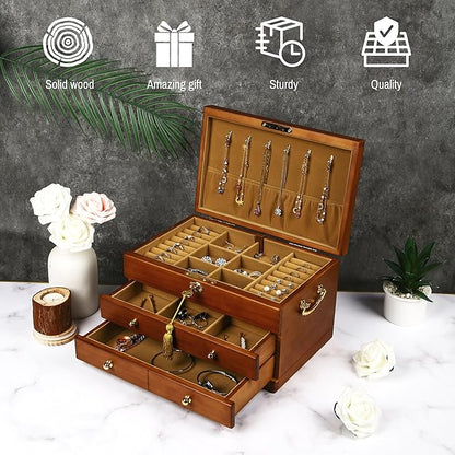 Wooden Jewelry Box with Lock and Key for Women, 2 Drawers Medium Size Real Natural Wood Lockable Antique Organizer with Large Storage, Ring Compartments, Built in Necklace Hooks