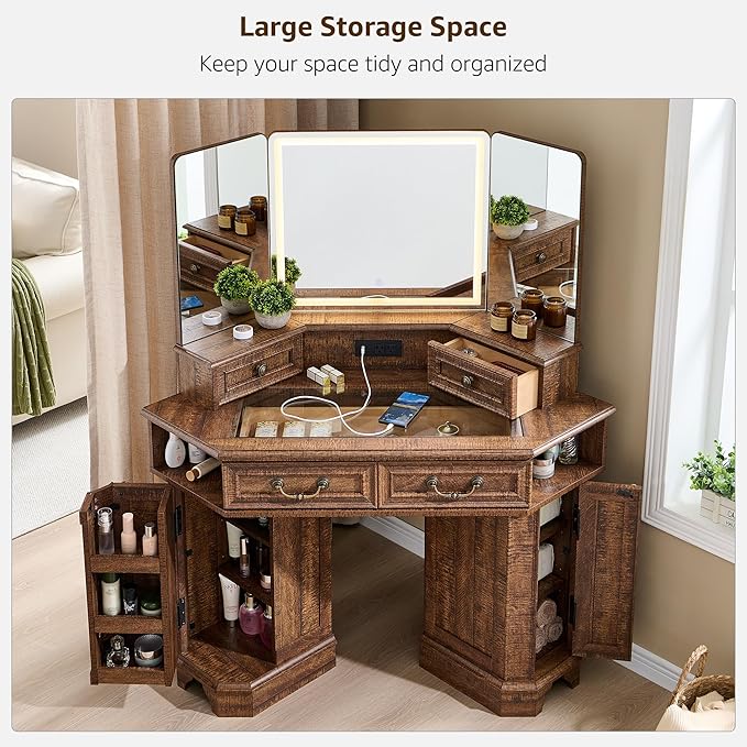 T4TREAM Makeup Vanity Desk 48" with 3 Way Mirror and Lights, Large Farmhouse Corner Vanity Dressing Table with Glass Top & Charging Station, 3 Drawers & 2 Storage Cabinets, Reclaimed Barnwood
