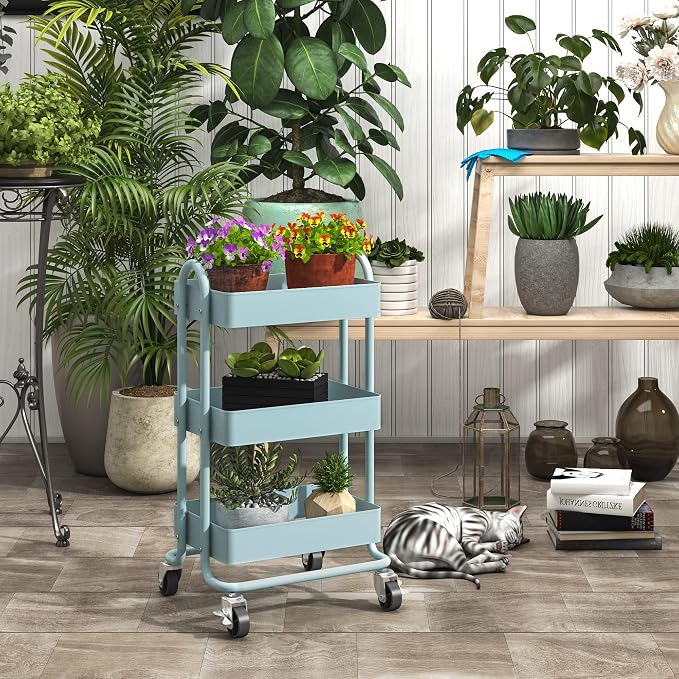 Metal Rolling Cart,3-Tier Metal Rolling Cart with Wheels,3 Tier Utility Cart with Wheels for Office,Home,Kitchen,Garden（13.4"x18.1"x31"） Blue