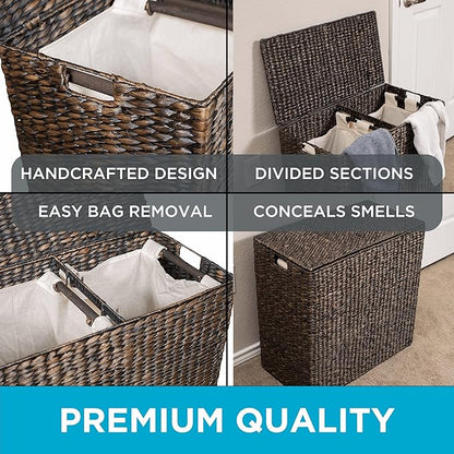 BirdRock Home Water Hyacinth Laundry Hamper Divided Interior (Espresso) | Eco-Friendly | Made of Hand Woven Hyacinth Fibers | Includes Two Removable Cotton Liners Bag | Wicker Laundry Basket with Lid