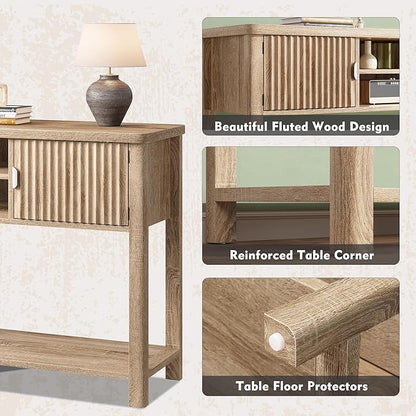 Console Table Fluted with 8 Storage Shelves & 2 Doors, Modern Entryway Table Behind Couch with Open Storage Shelf, Entry Table for Hallways,Entryway, Living Room,Wooden, Oak