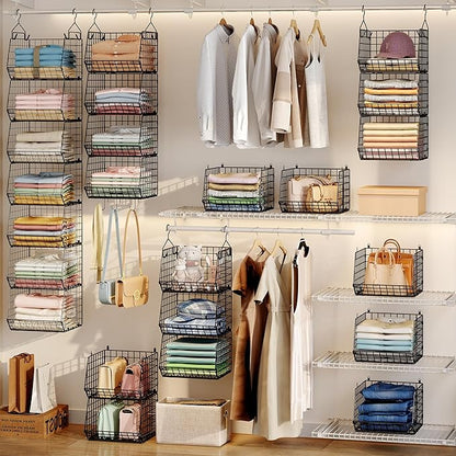 X-cosrack 7 Tier Foldable Hanging Closet Organizer and Storage,Wire Closet Shelving with 4 Large Hooks+ 5 S Hooks,Hanging Basket for Clothes Sweaters Shoes Handbags,Small Closet Organizers