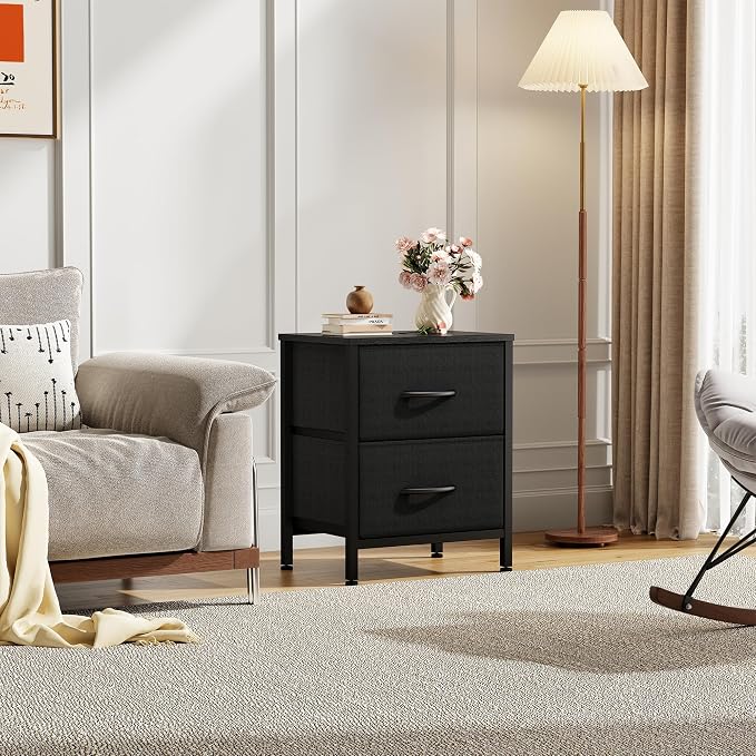 Sweetcrispy Nightstand Small Dresser with 2 Fabric Drawers Side Bedroom End Table Kids Bedside Storage Furniture for 20" Tall Night Stand for Closet, Entryway, College Dorm, Black
