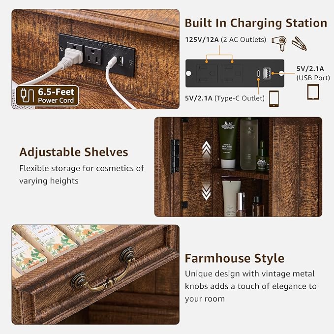 T4TREAM Makeup Vanity Desk 48" with 3 Way Mirror and Lights, Large Farmhouse Corner Vanity Dressing Table with Glass Top & Charging Station, 3 Drawers & 2 Storage Cabinets, Reclaimed Barnwood