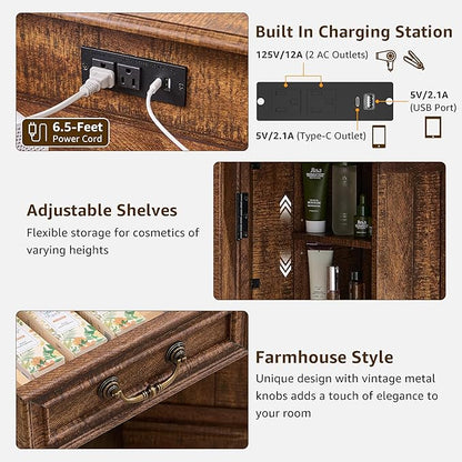 T4TREAM Makeup Vanity Desk 48" with 3 Way Mirror and Lights, Large Farmhouse Corner Vanity Dressing Table with Glass Top & Charging Station, 3 Drawers & 2 Storage Cabinets, Reclaimed Barnwood