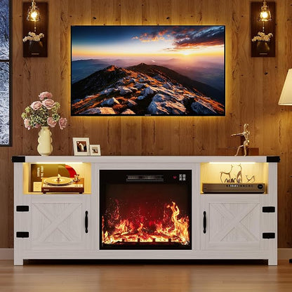 YESHOMY LED Fireplace TV Stand with Mood Lighting, TV Cabinet with Open Shelf, Farmhouse Media Console with Hidden Cable Routing, Entertainment Center for Televisions up to 65+ Inch, White