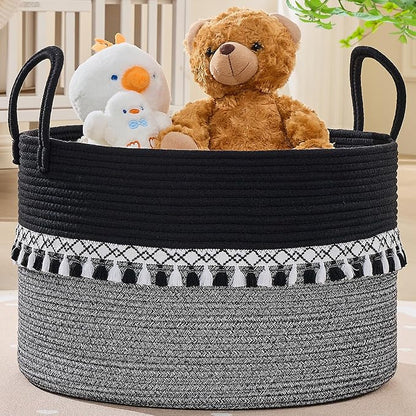 KAKAMAY Cotton Rope Storage Basket (20"x13"),Woven Hamper for Blankets,Toys,Pillows,Clothes,Laundry,Sturdy Handles Decorative Basket for Living Room, Bedroom,Nursery(Black Printing)