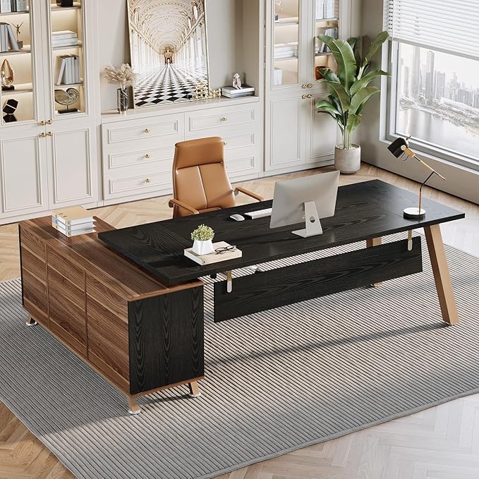Tribesigns 78.7" L-Shaped Executive Desk, Modern Office Desk with File Drawers & Storage Shelves, Large Computer Desk with 55-Inch Cabinet, Business Workstation for Home Office, Black & Walnut