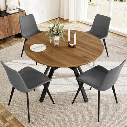 Extendable Round Dining Table Set for 4-6 People, 43.3"-59.1" Extendable Kitchen Table with 4 Upholstered Chairs, Space Saving for Kitchen Dining Room (Walnut Table+4 Grey Chairs)