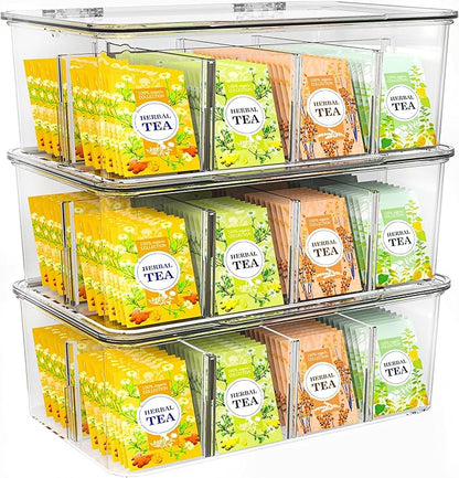 Utopia Home - Tea Bag Organizer With Lids, Clear Pantry Storage Box - (3 Pack) Stackable Partition Organizers or Holder With Lids For Drawers, Countertops, Fridge, Kitchen, Snack & Spice Organization
