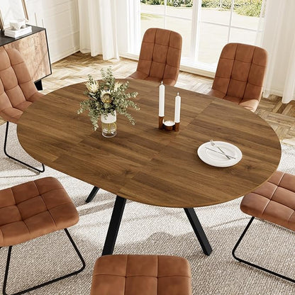 Extendable Round Dining Table Set for 6 People, 43.3"-59.1" Extendable Kitchen Table with 6 Upholstered Chairs, Space Saving for Kitchen Dining Room (Walnut Table+6 U-Shaped Brown Chairs)