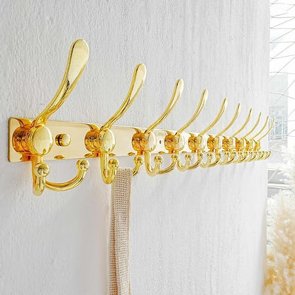 Dseap MaxStrong 2.0 Coat Rack Wall - 37” Long 10 Tri Hooks - Ultra Heavy-Duty Stainless Steel Wall Mount Coat Hanger, Hook Rail for Clothes Hats Jacket Towels Gold, Pack of 2