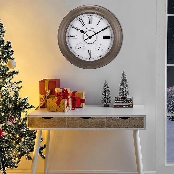CLXEAST Illuminated Outdoor Clocks Waterproof 24 Inch with Smart Sensor, Large Metal Wall Clocks with Temperature and Humidity for Living Room Decor,Garden Patio,Grey Oak/Faux Barnwood Finish