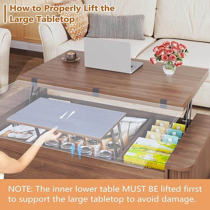 HUAHUU Lift Top Coffee Table with Storage, 40" Square Coffee Table with 3 Hidden Compartments, Modern Center Table with Lifting top, Converts to Dining Table for Living Room, Home Office, Walnut