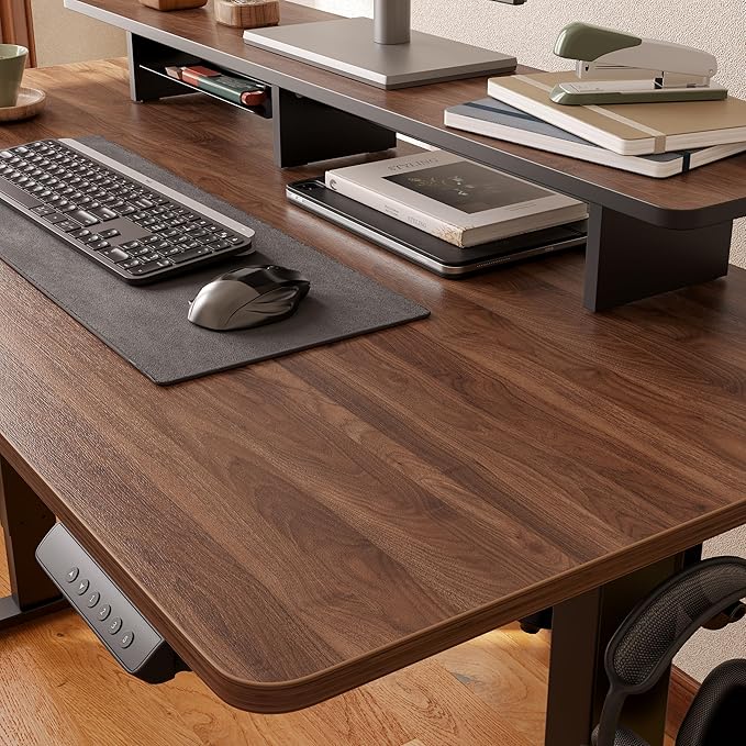 FEZIBO One-Piece Standing Desk Adjustable Height Stand up Home Office Desk, 48x24 Inch Electric Standing Computer Desk, with 4 Memory Presets, Headphone Hook, Black Walnut