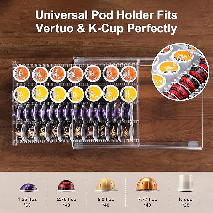 Coffee Pod Drawer Organizer for Nespresso Vertuo Pods,Acrylic Coffee Pod Holder Holds 40 Large or 60 Small Capsules or 28 K-Cups,Pull-Out Drawer with Anti-Slip Base for Home & Coffee Station,Crystal